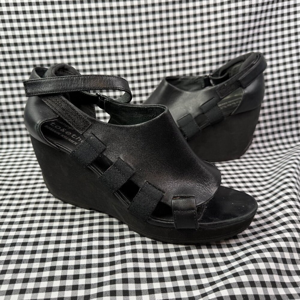 Camper Black Leather Wedge Sandals